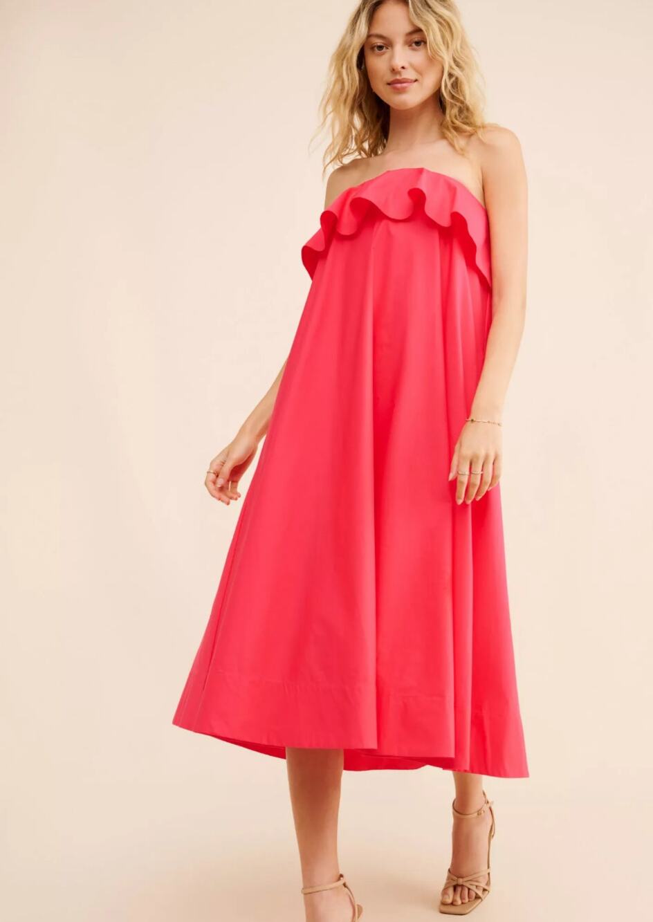 NWT Anthropologie Strapless Flounce A-Line Midi Dress Pink Rose Size XS